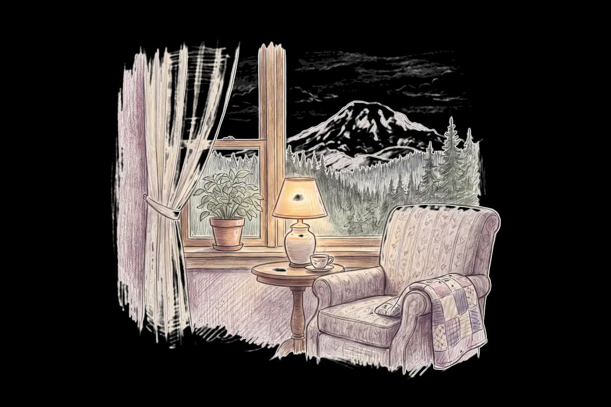 Colored-pencil drawing of a quiet room by a window looking out on a snowy volcano above evergreen forest