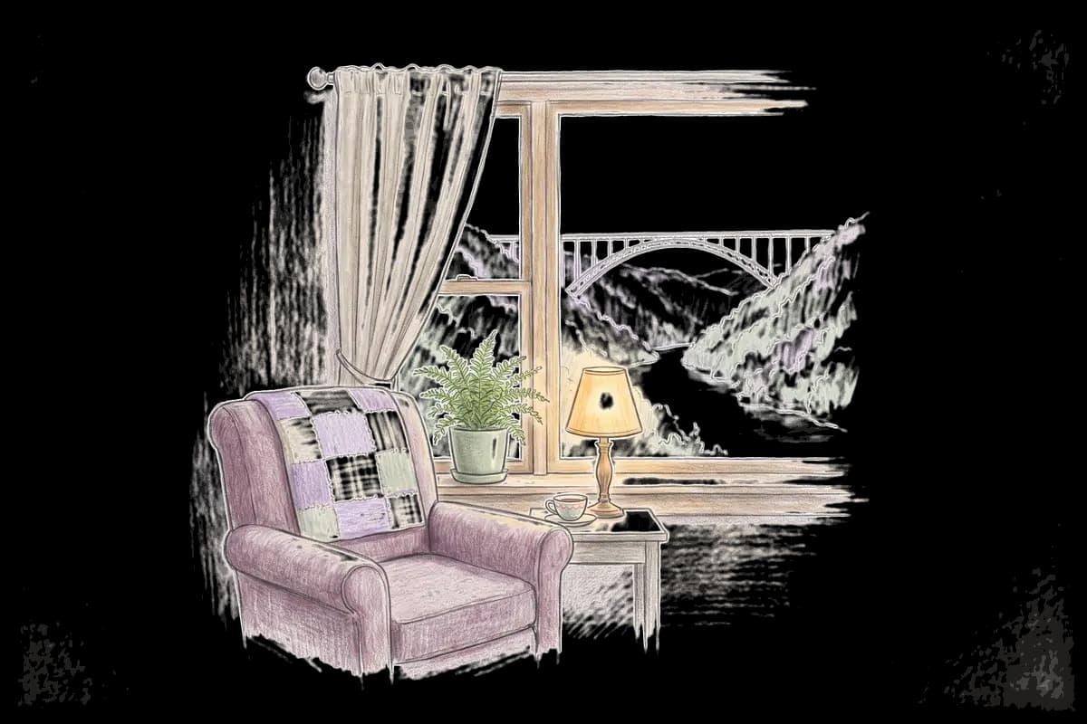 Colored-pencil drawing of a quiet room by a window looking out on a forested gorge with a steel arch bridge