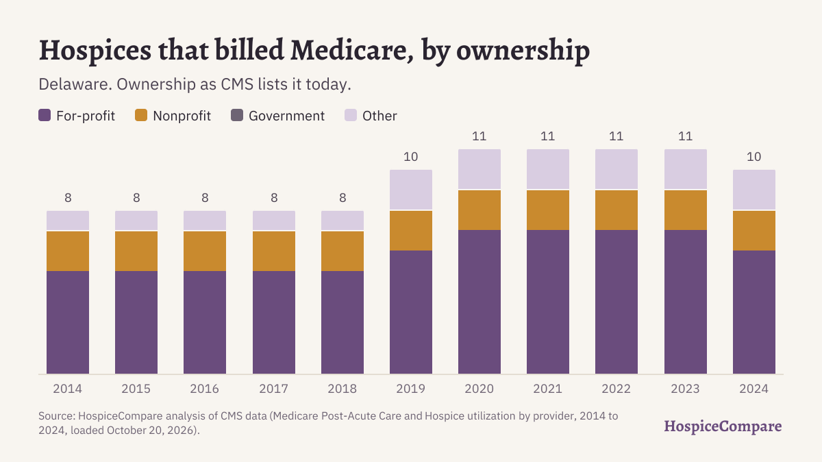 Stacked bar chart of hospices that billed Medicare in Delaware per year, 2014 to 2024, by ownership.