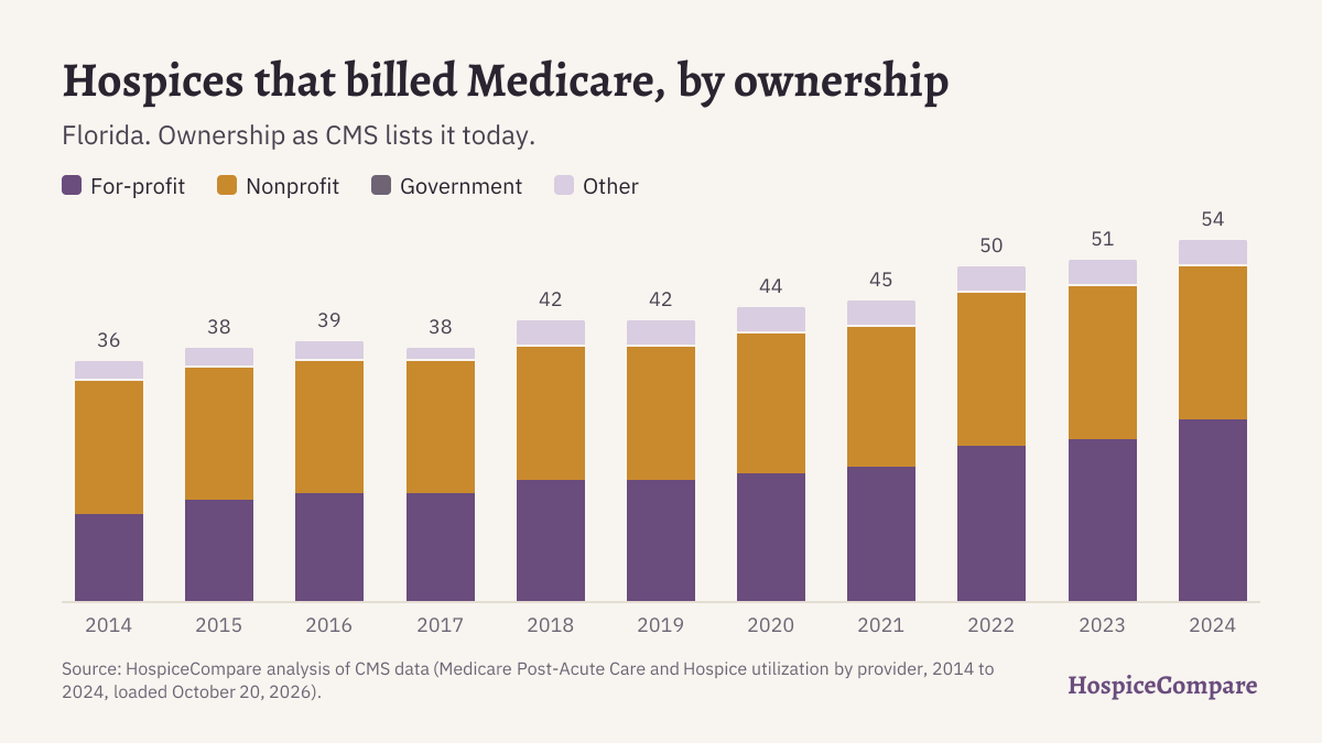 Stacked bar chart of hospices that billed Medicare in Florida per year, 2014 to 2024, by ownership.