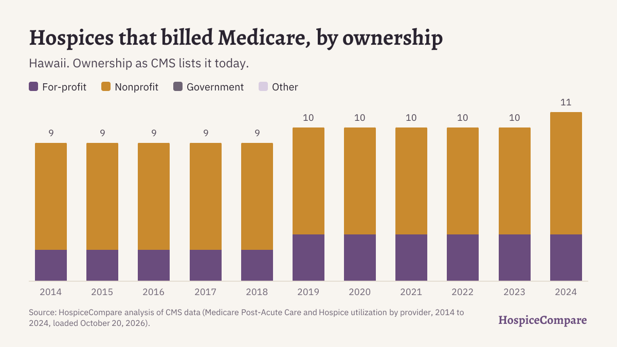 Stacked bar chart of hospices that billed Medicare in Hawaii per year, 2014 to 2024, by ownership.