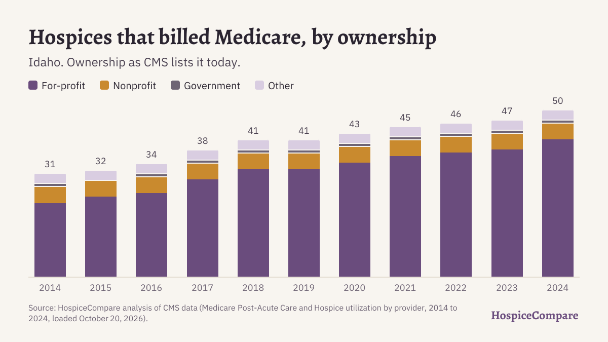 Stacked bar chart of hospices that billed Medicare in Idaho per year, 2014 to 2024, by ownership.