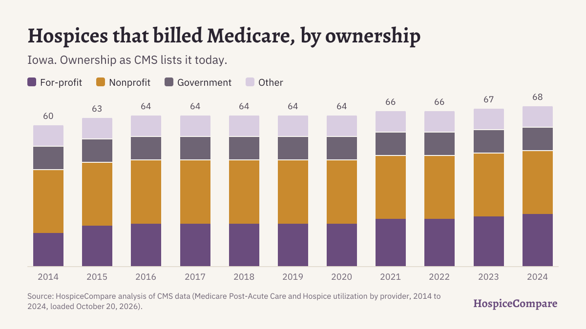 Stacked bar chart of hospices that billed Medicare in Iowa per year, 2014 to 2024, by ownership.