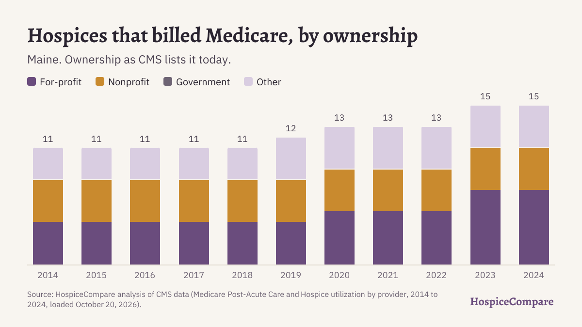 Stacked bar chart of hospices that billed Medicare in Maine per year, 2014 to 2024, by ownership.