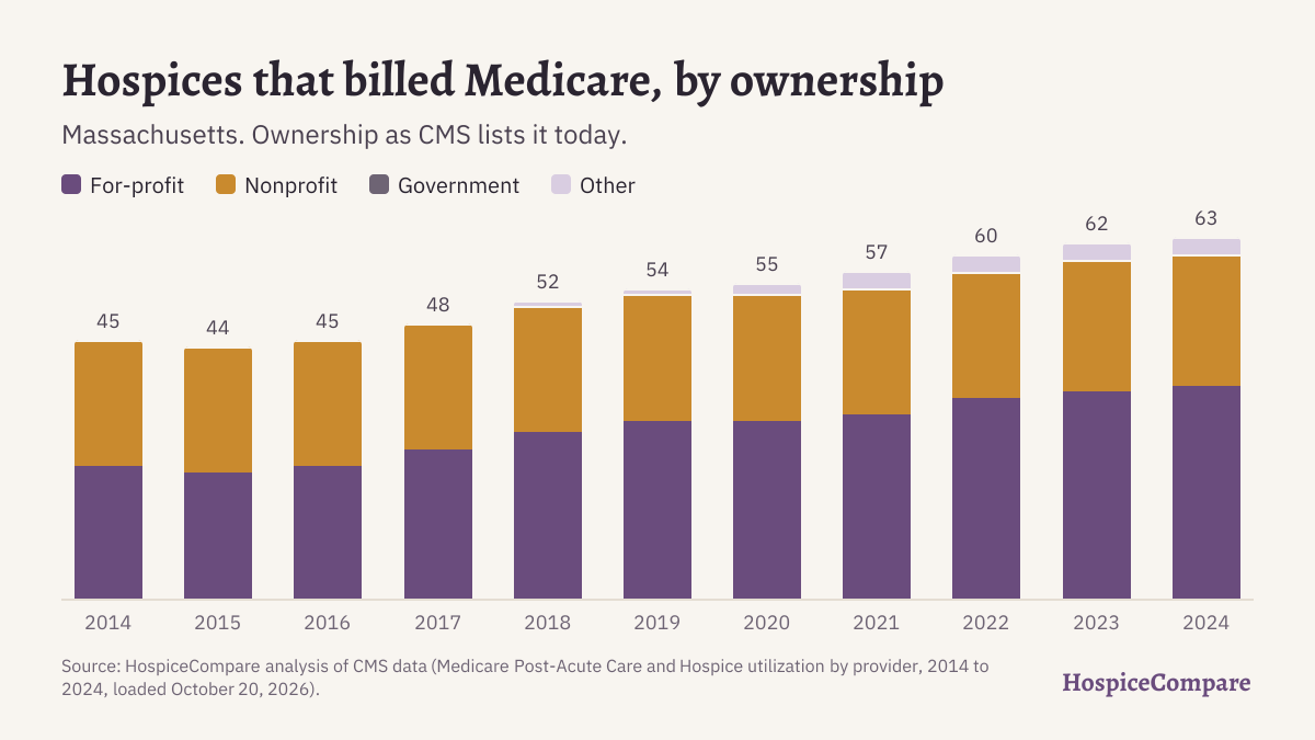 Stacked bar chart of hospices that billed Medicare in Massachusetts per year, 2014 to 2024, by ownership.