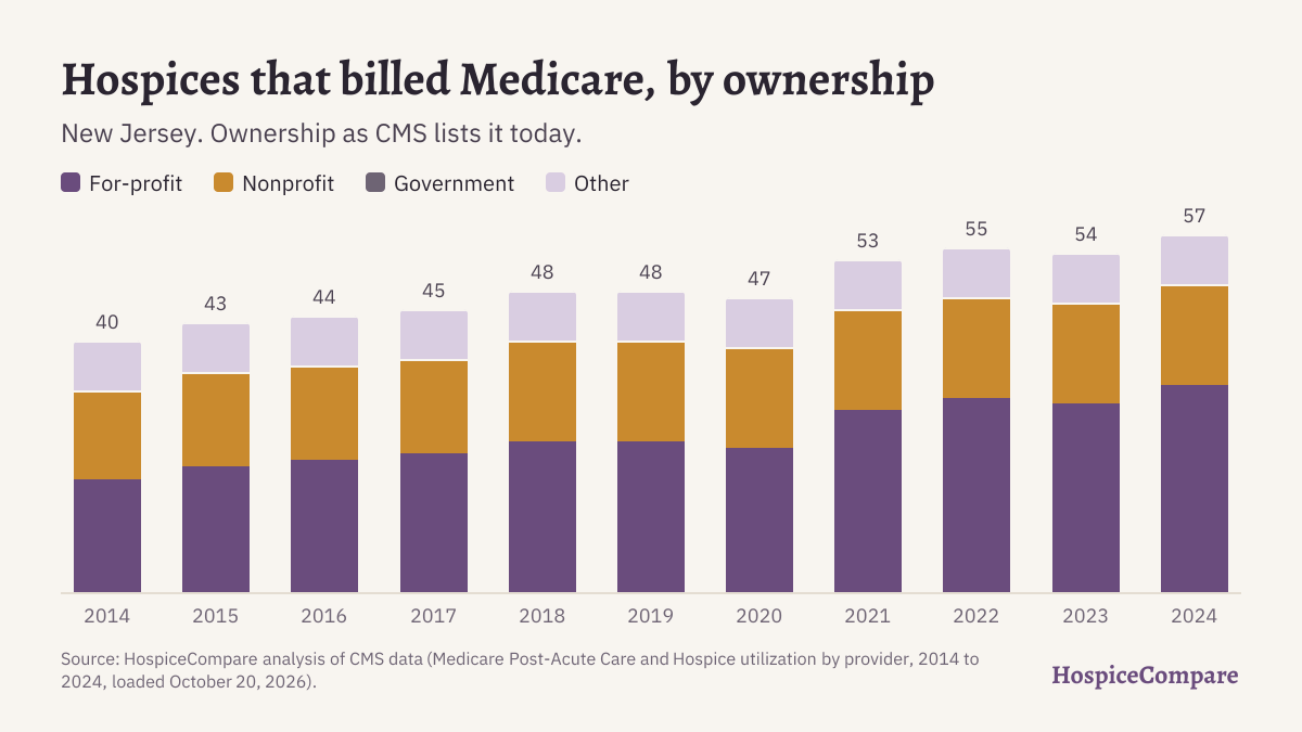 Stacked bar chart of hospices that billed Medicare in New Jersey per year, 2014 to 2024, by ownership.